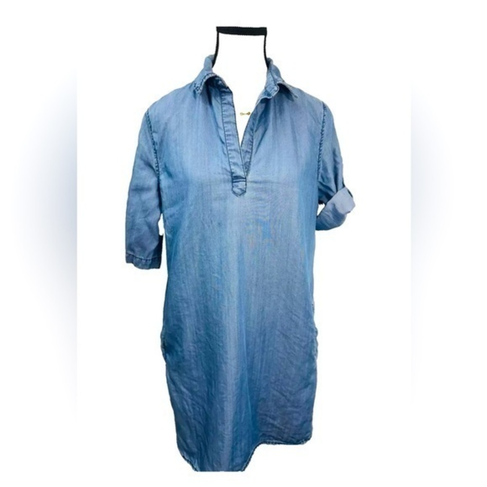 Velvet Heart Women's Knee Length Denim Shirt Dress Blue 3/4 Roll Sleeve Collared